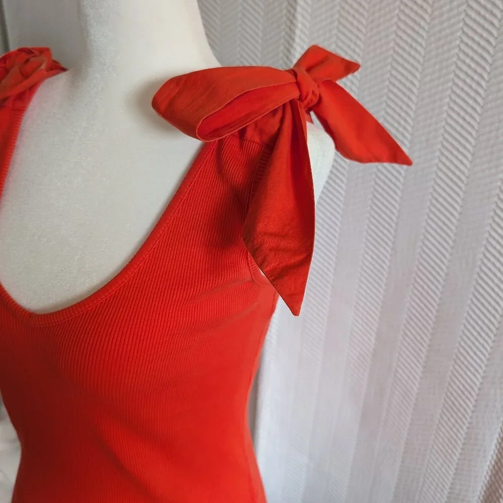 Anthropologie Maeve The Rafaela Ribbed Tank Top Bow Tie Shoulder Orange XS Small - Picture 5 of 11